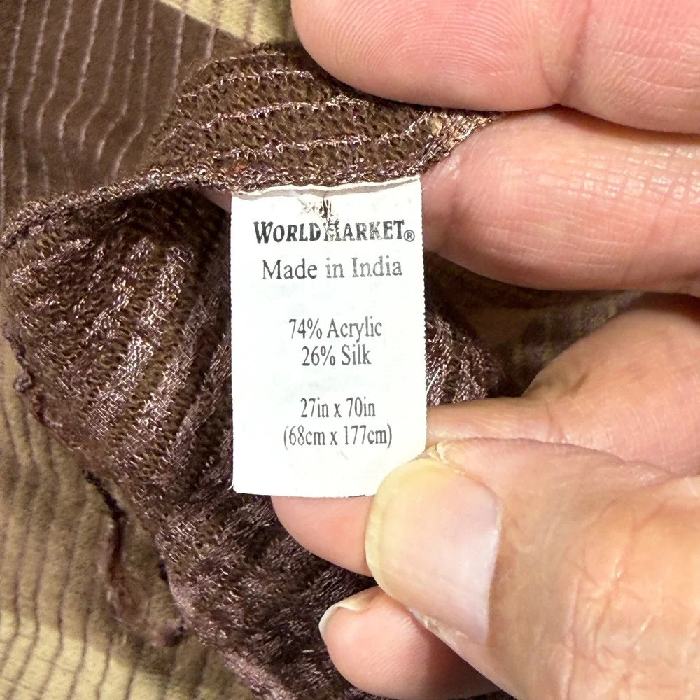 World‎ Market Scarf Womens OS Brown Tan Striped Silk Blend Fringe 419675